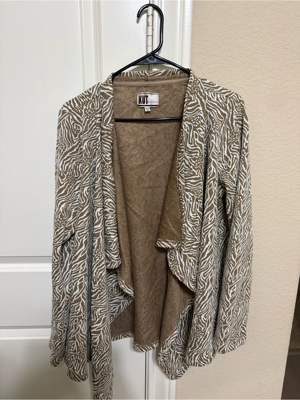 Kut from the Kloth Brown Tan Waterfall Jacquard Textured Open Cardigan Sweater
